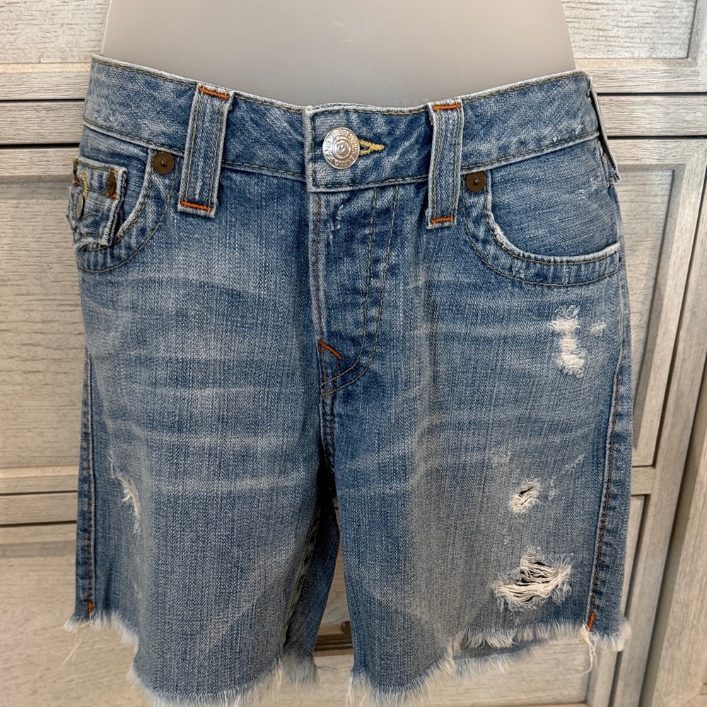 True Religion Blue Distressed Jean Shorts